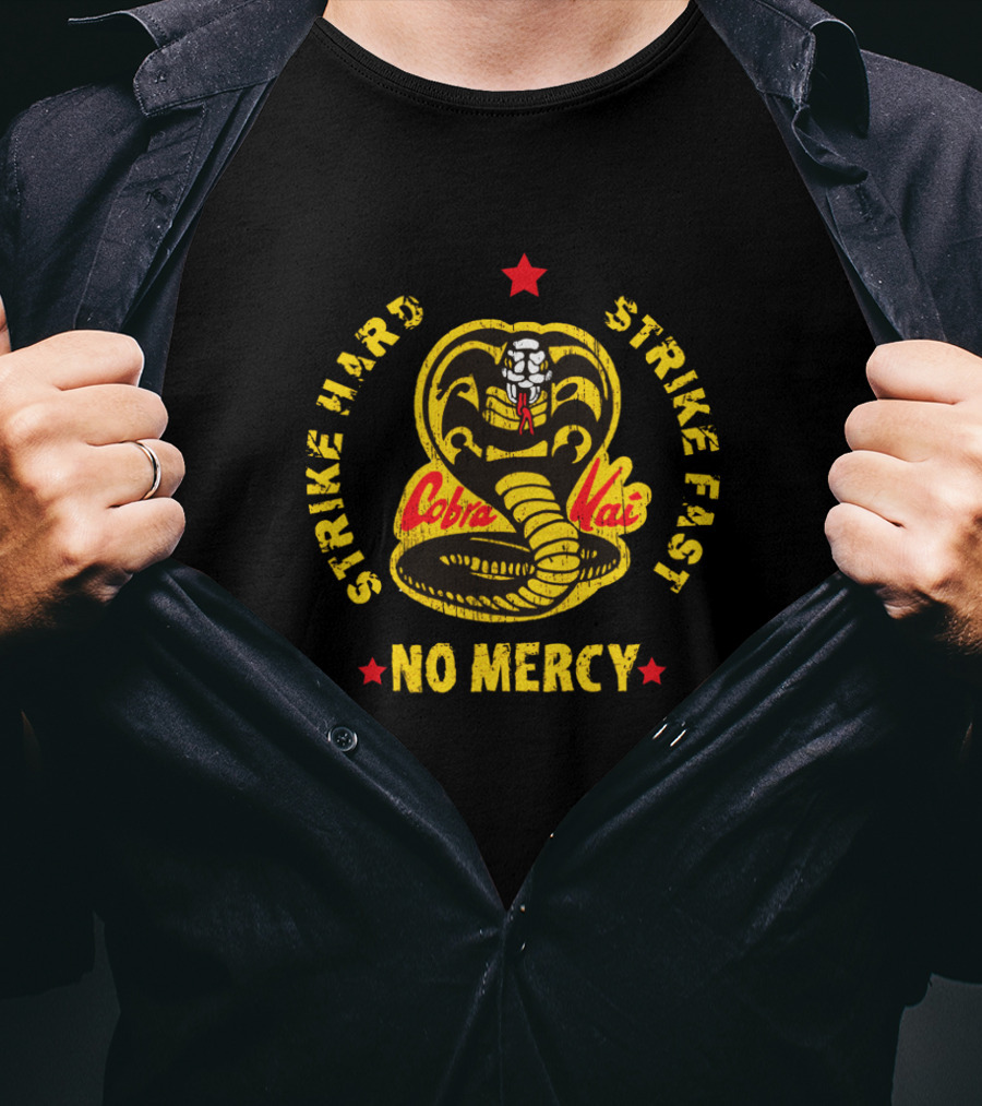 Cobra Kai Strike Hard Strike Fast No Mercy Logo With Red Star And Coiled Cobra T-Shirt