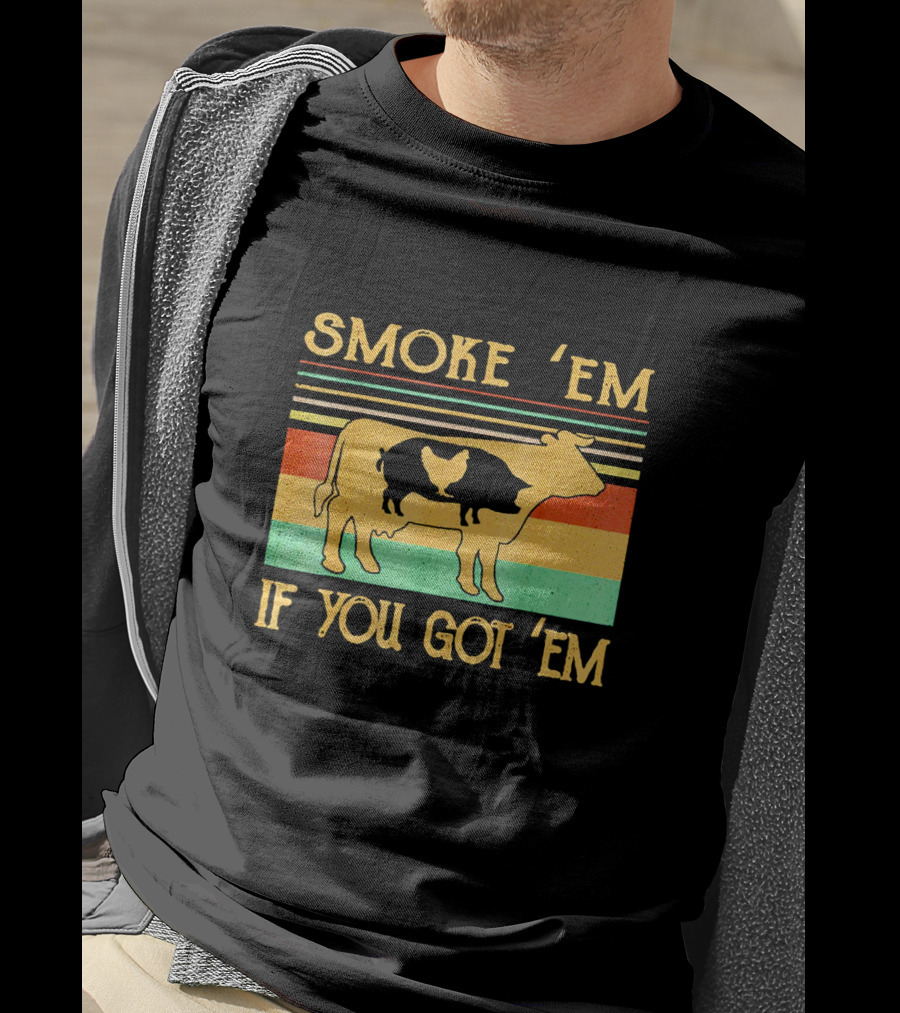 Smoke Em If You Got Em Vintage Cow Pig Chicken Retro Barbecue Stripes T-Shirt