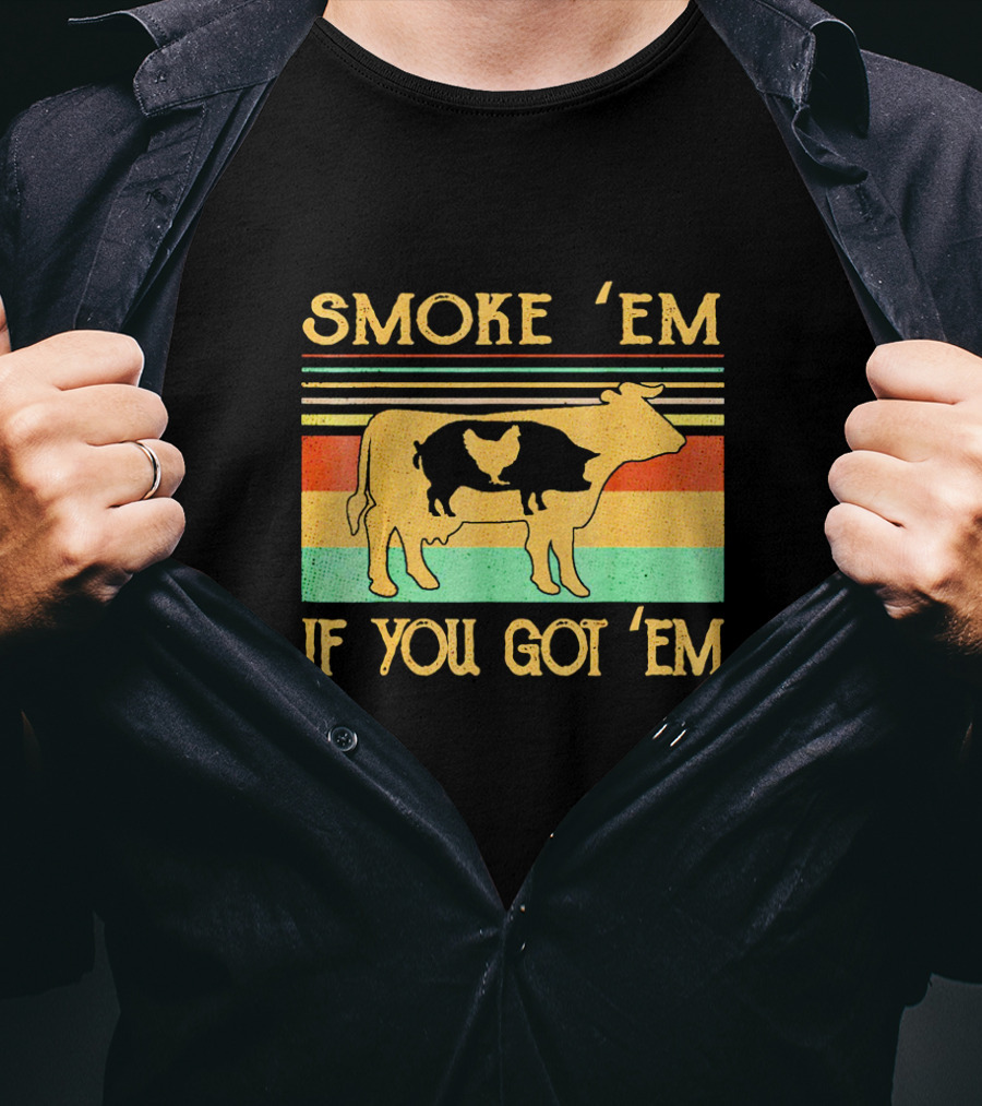 Smoke Em If You Got Em Vintage Cow Pig Chicken Retro Barbecue Stripes T-Shirt
