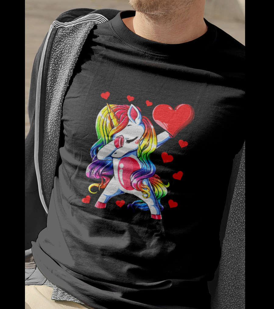 Rainbow Dabbing Unicorn Heart Valentines Day Girls T-Shirt