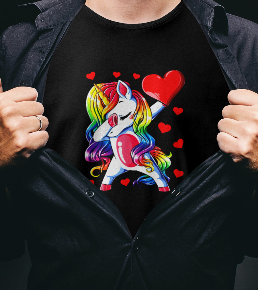 Rainbow Dabbing Unicorn Heart Valentines Day Girls T-Shirt