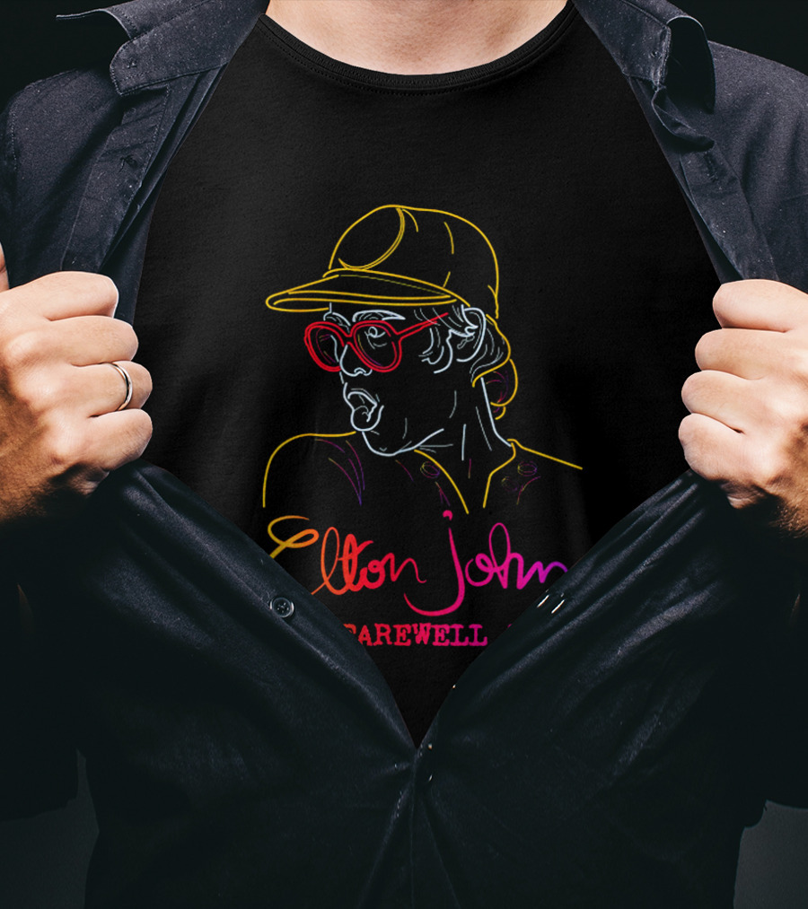 Elton John The Farewell Tour Neon Art With Glasses And Hat T-Shirt