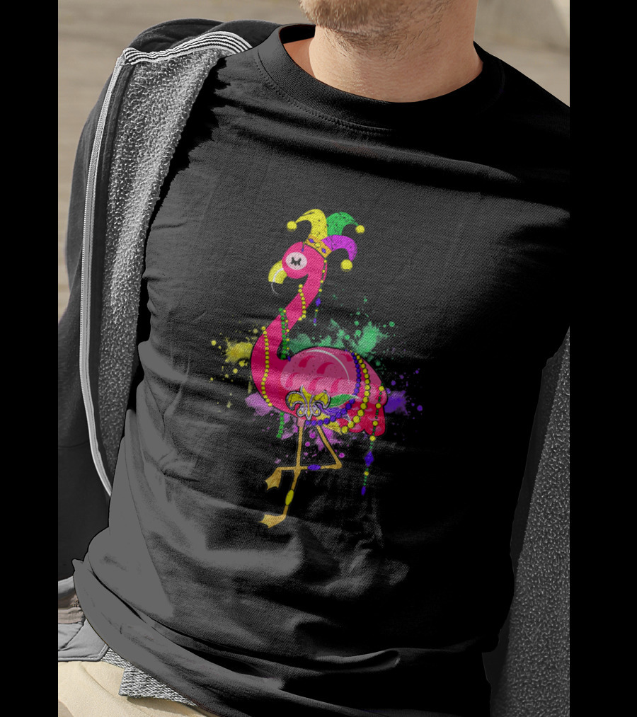 Mardi Gras Flamingo With Jester Hat And Beads On Colorful Splatter Background T-Shirt