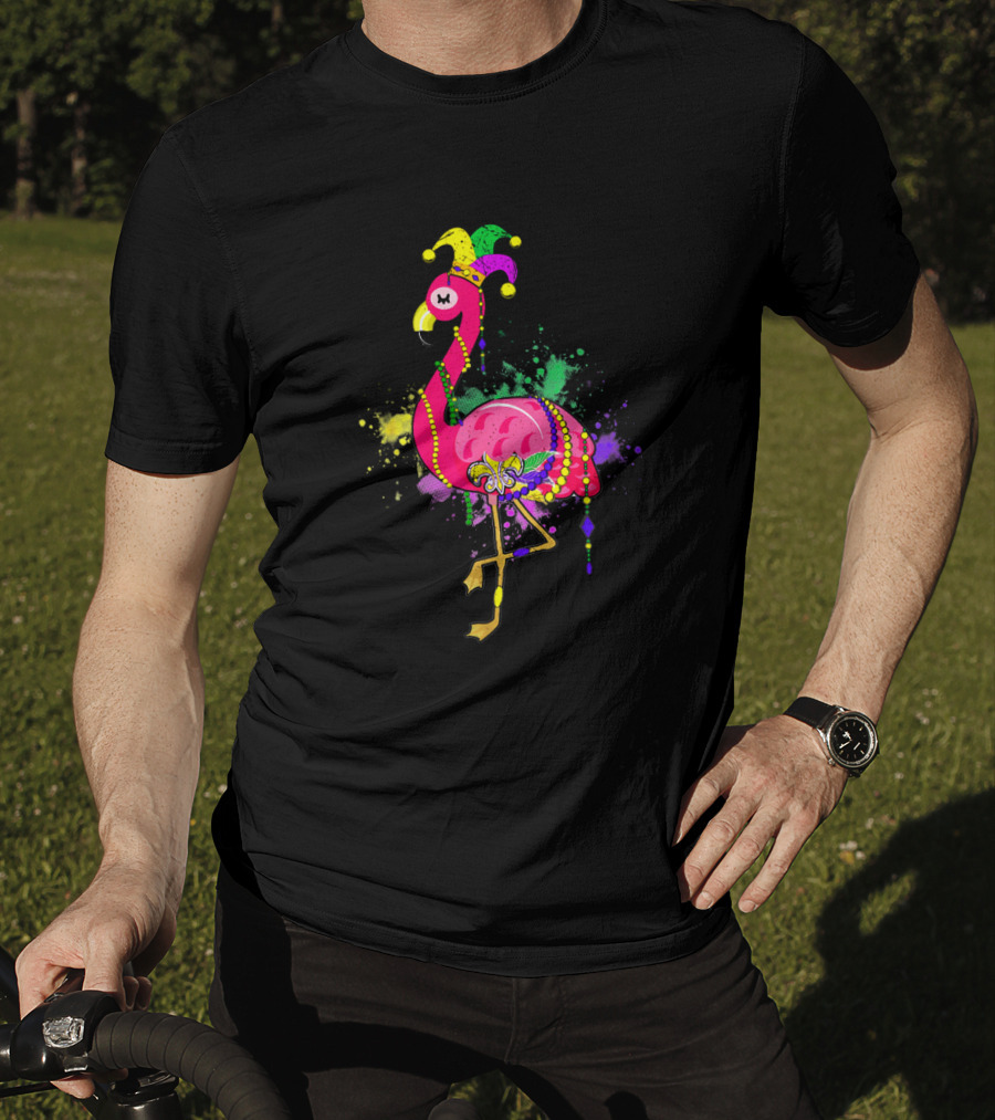 Mardi Gras Flamingo With Jester Hat And Beads On Colorful Splatter Background T-Shirt