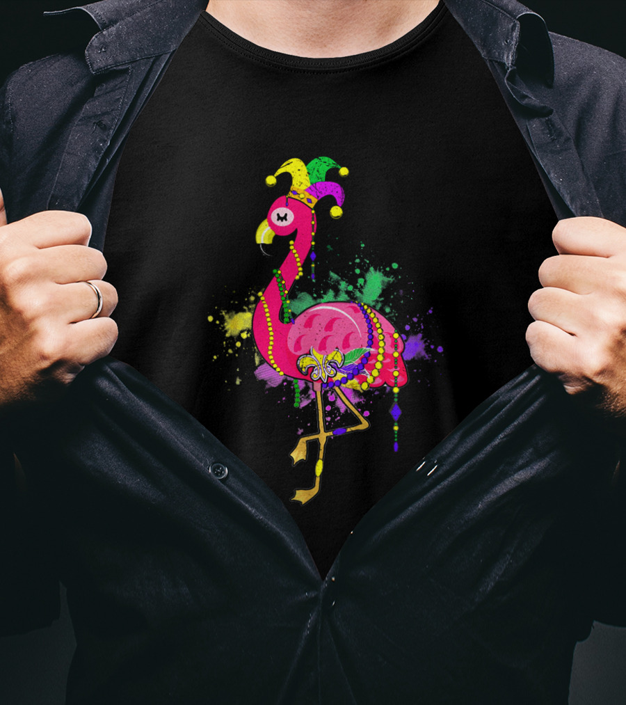 Mardi Gras Flamingo With Jester Hat And Beads On Colorful Splatter Background T-Shirt