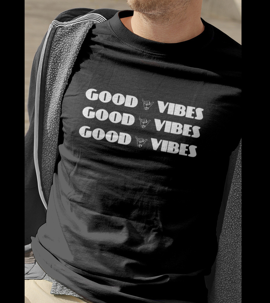 GOOD VIBES Hand Sign Repeated Text T-Shirt