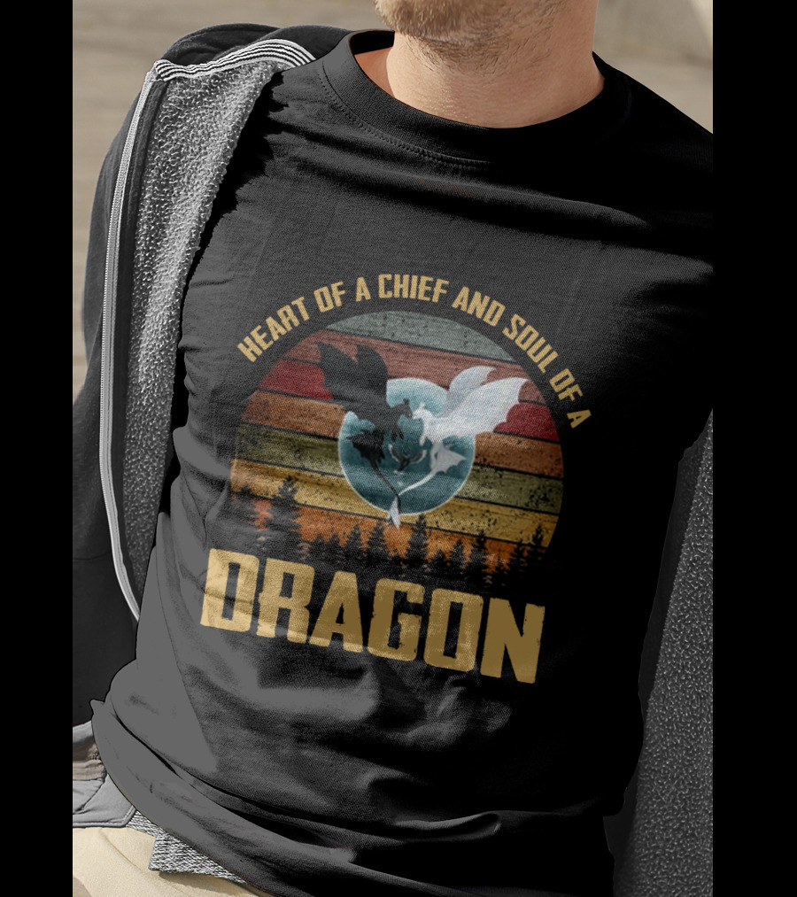 Heart Of A Chief And Soul Of A Dragon With Silhouette Of Two Dragons On Retro Stripes T-Shirt