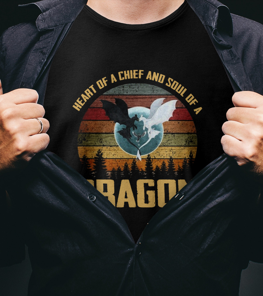 Heart Of A Chief And Soul Of A Dragon With Silhouette Of Two Dragons On Retro Stripes T-Shirt