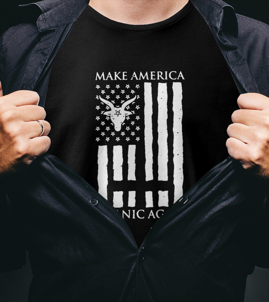Make America Satanic Again Baphomet Flag Usa Stars Stripes T-Shirt