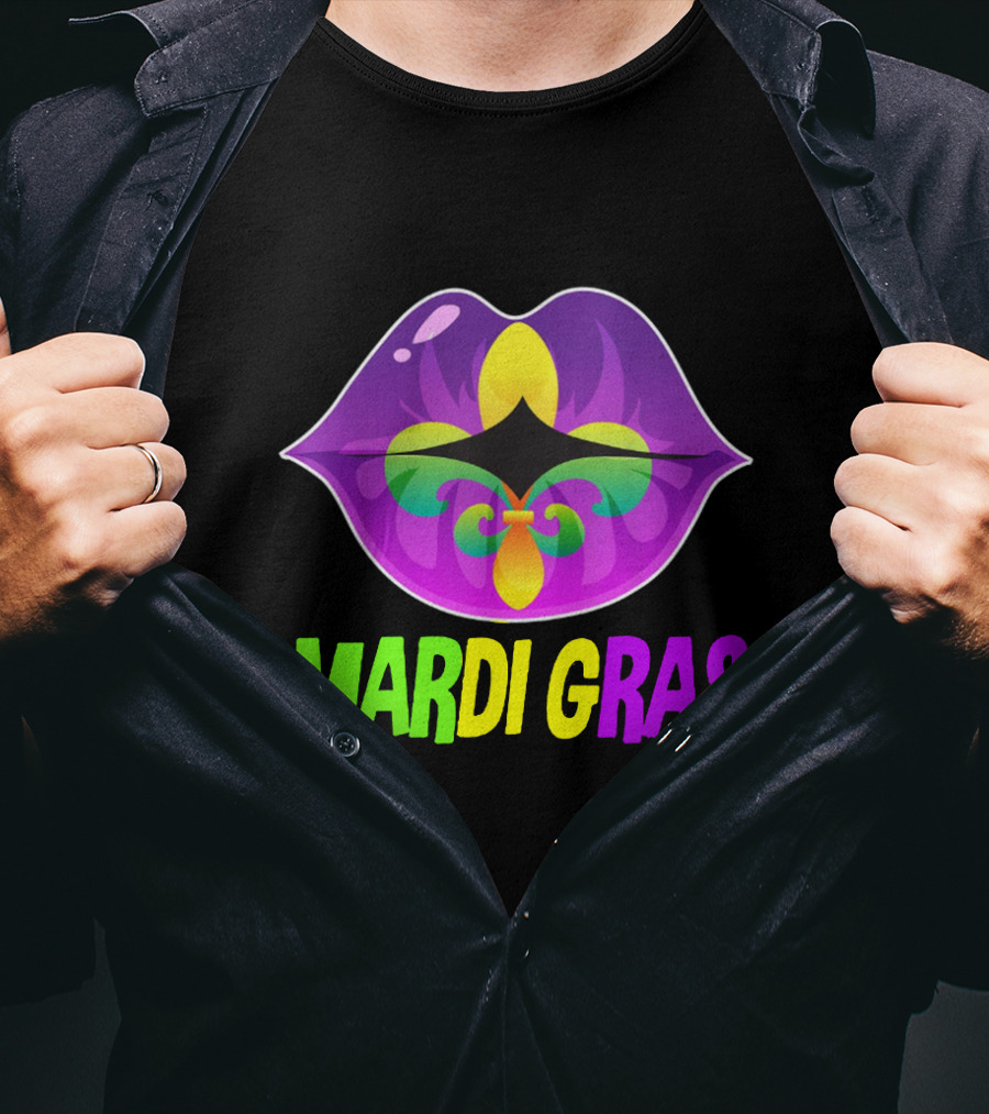 Mardi Gras Lip Fleur De Lis Purple Green Yellow T-Shirt
