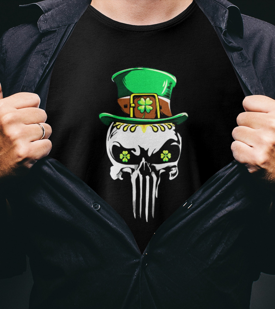 Punisher Skull With Green Leprechaun Hat And Shamrock Eyes T-Shirt