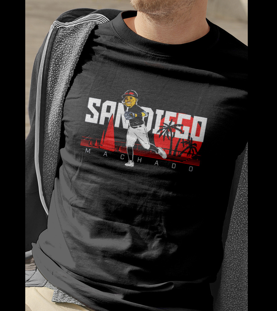 San Diego Machado Baseball Player With Sailboat And Palm Trees In Red Sunset Scene T-Shirt