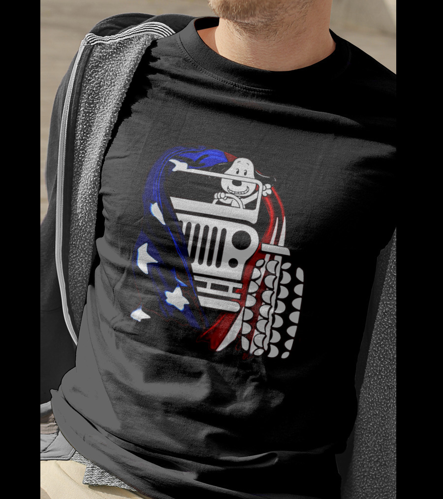 Snoopy Jeep Stars Stripes American Flag Background T-Shirt