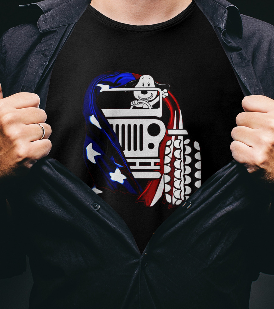 Snoopy Jeep Stars Stripes American Flag Background T-Shirt