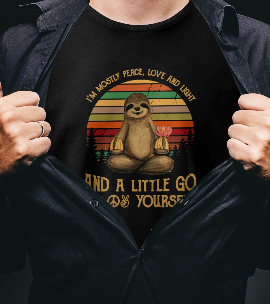 I'm Mostly Peace Love And Light Sloth Lotus Retro Stripes With A Little Go F Yourself T-Shirt
