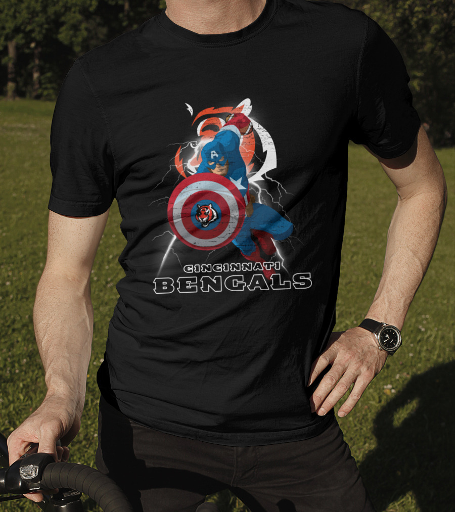 Captain America Cincinnati Bengals Nfl Lightning Shield T-Shirt