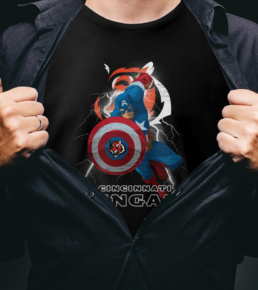 Captain America Cincinnati Bengals Nfl Lightning Shield T-Shirt