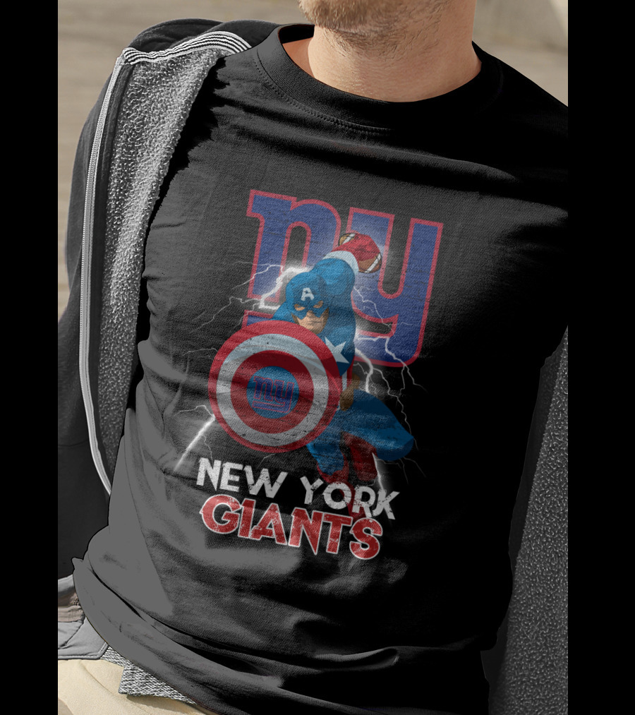 Captain America New York Giants Nfl Superhero Shield Lightning Action T-Shirt