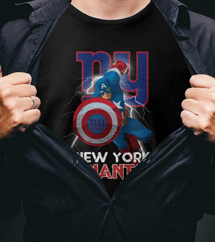 Captain America New York Giants Nfl Superhero Shield Lightning Action T-Shirt
