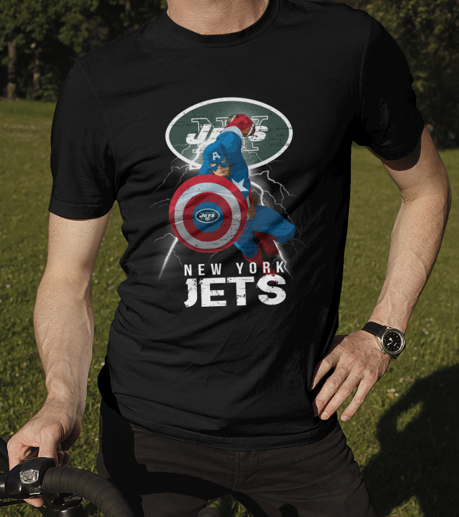 Captain America New York Jets Nfl Lightning Shield T-Shirt