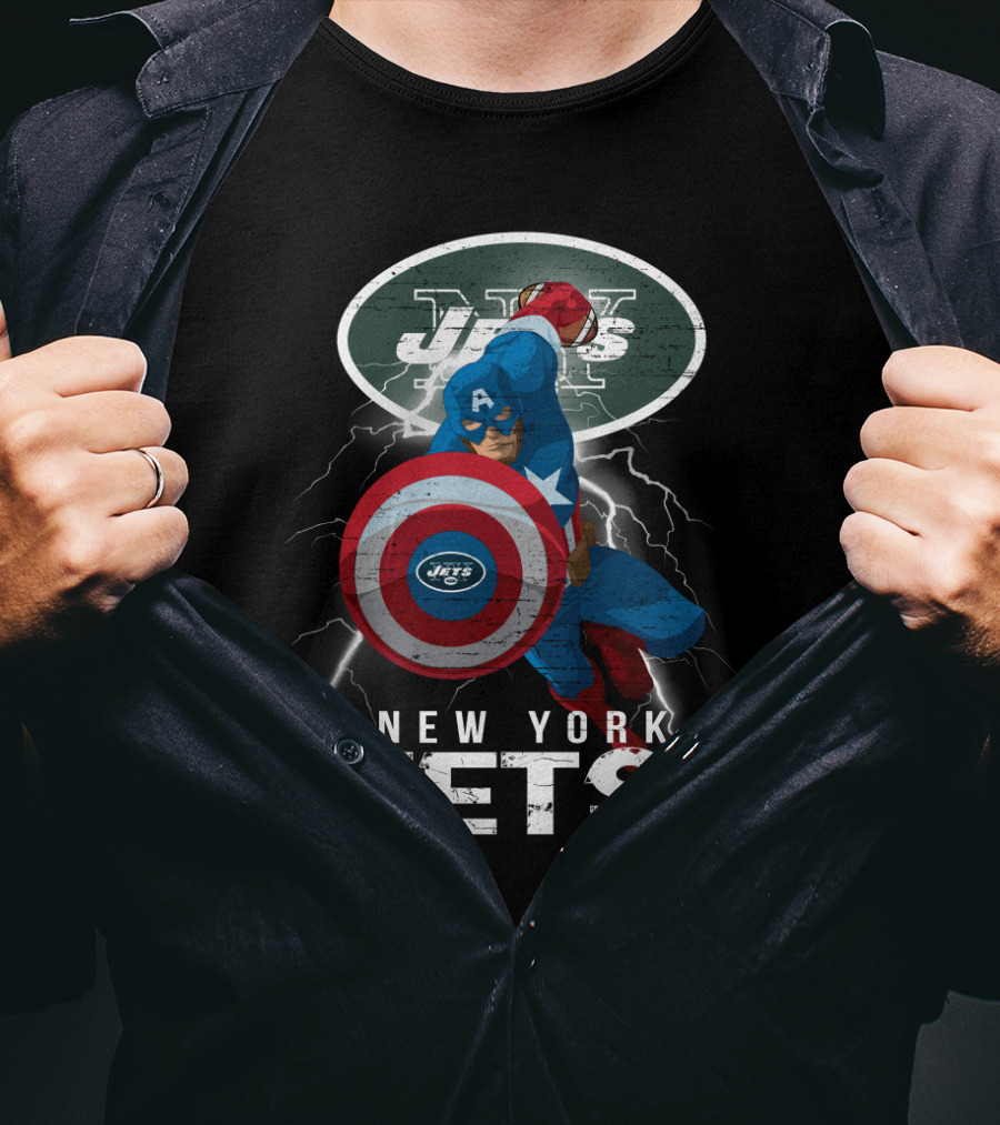 Captain America New York Jets Nfl Lightning Shield T-Shirt