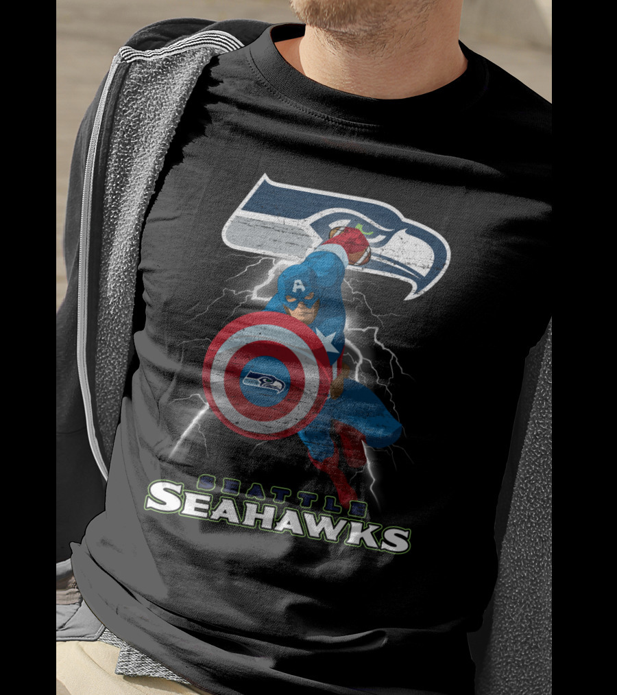 Captain America Seattle Seahawks Nfl Football Crossover Superhero Logo Lightning T-Shirt