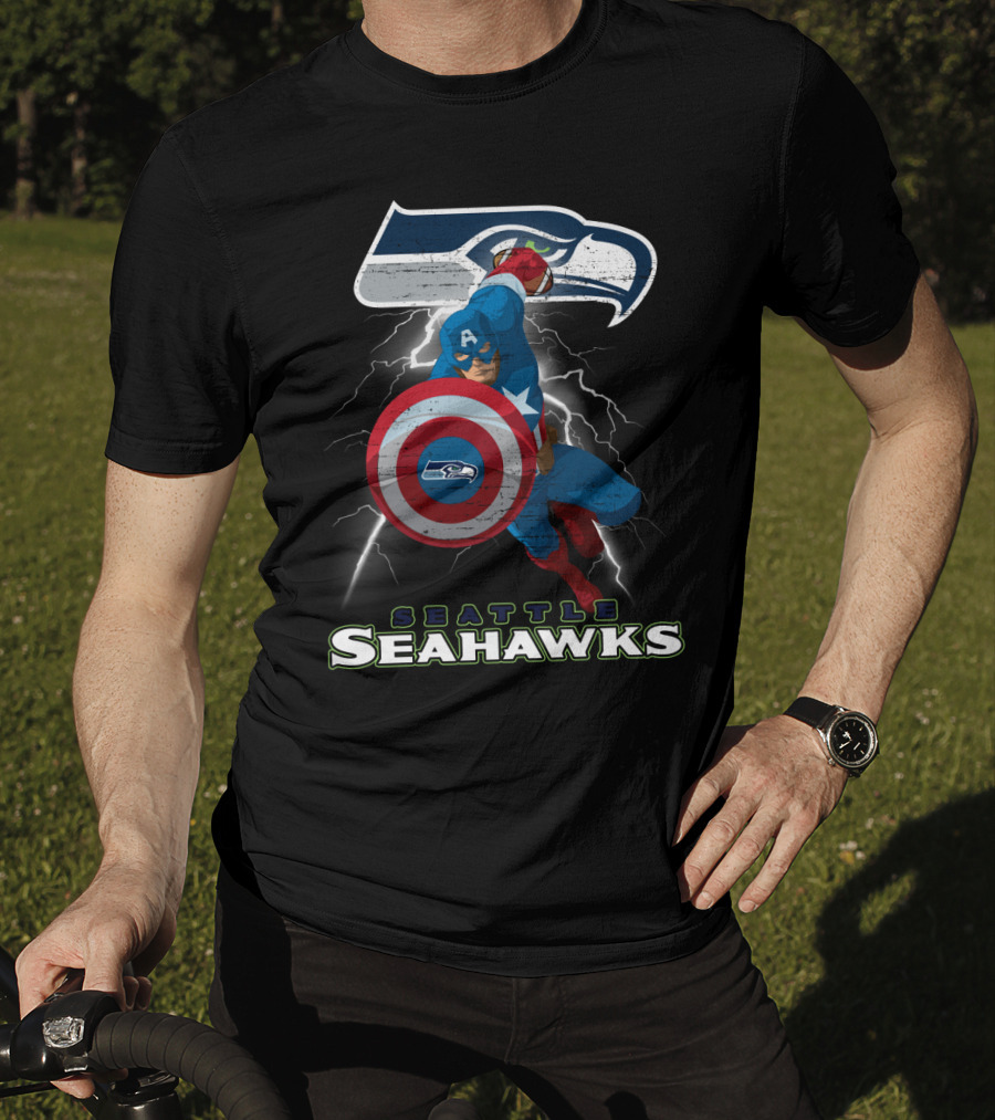 Captain America Seattle Seahawks Nfl Football Crossover Superhero Logo Lightning T-Shirt
