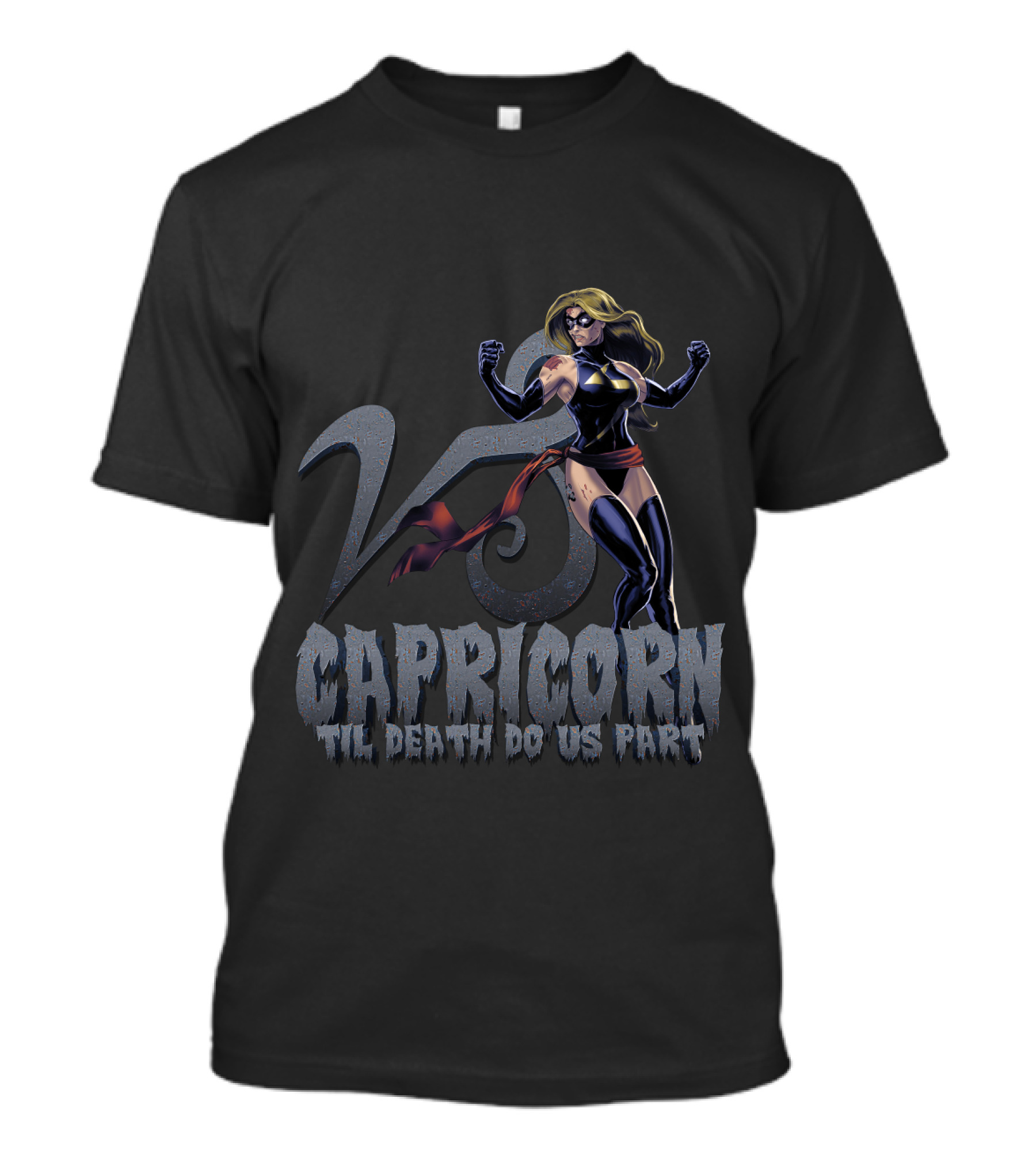 Capricorn Symbol With Captain Marvel Pose Til Death Do Us Part For Marvel Fans T-Shirt
