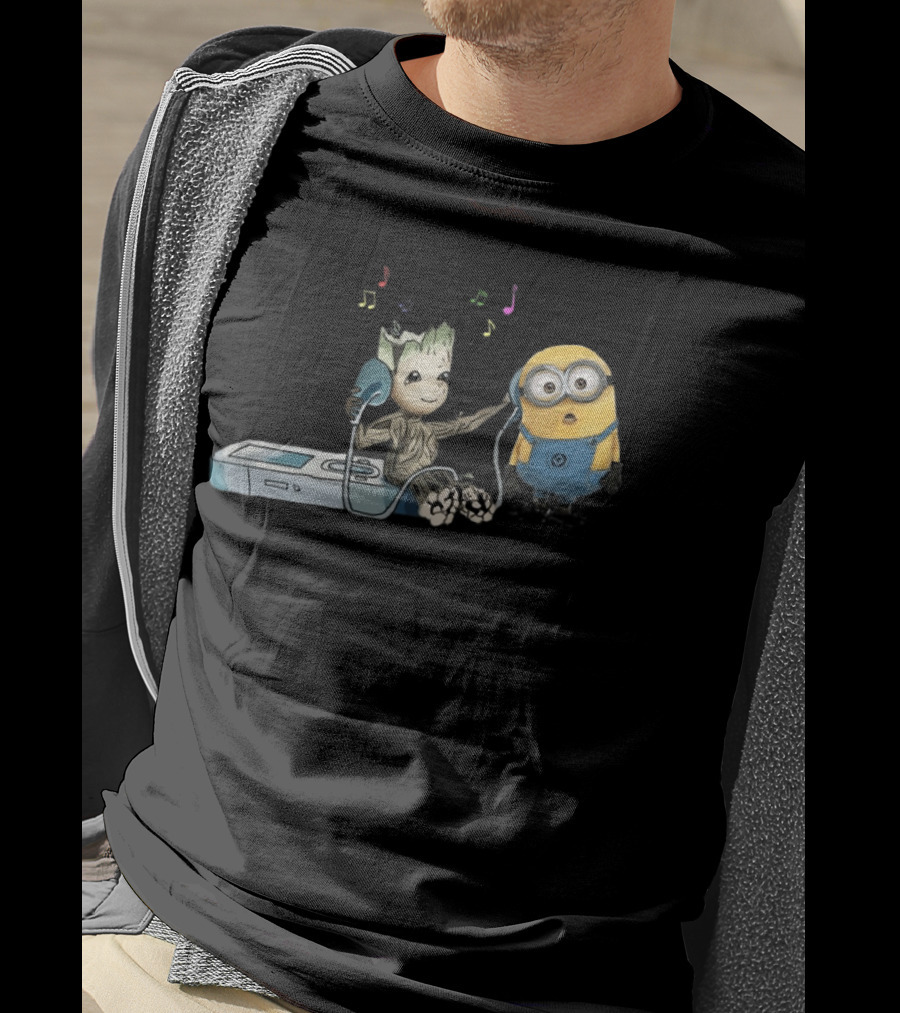 Groot And Minion Sharing Music With Headphones And Music Notes T-Shirt