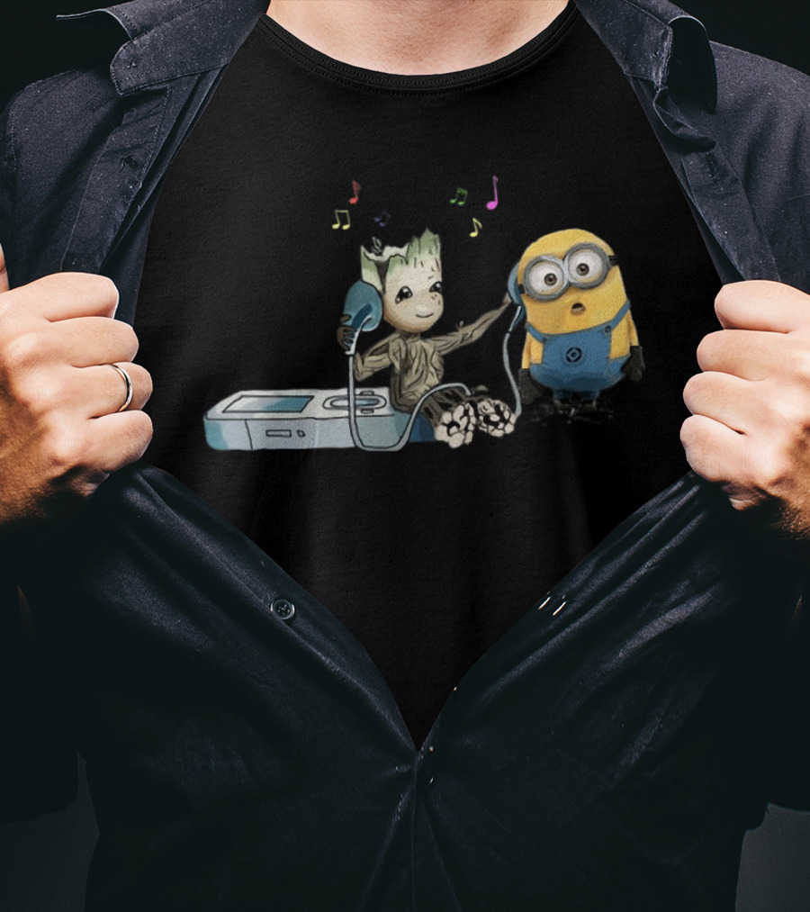 Groot And Minion Sharing Music With Headphones And Music Notes T-Shirt