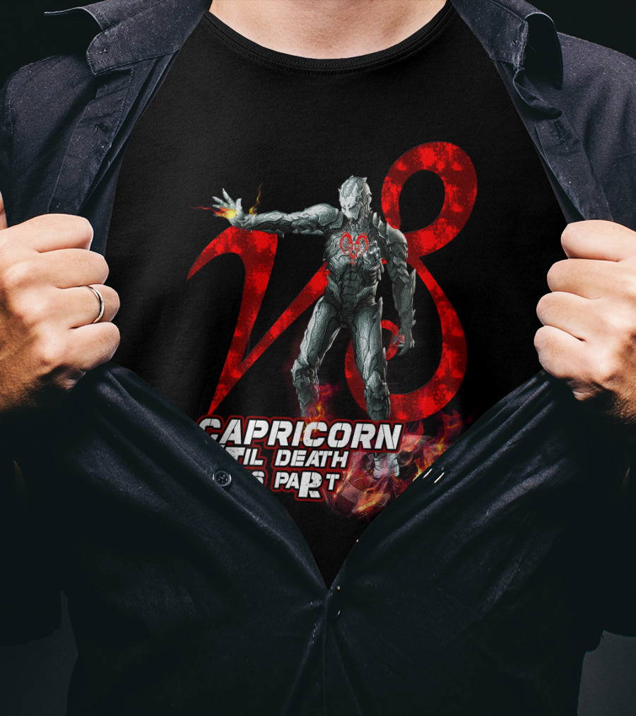 Capricorn Til Death Do Us Part With Iron Man Armor And Red Number Eight T-Shirt