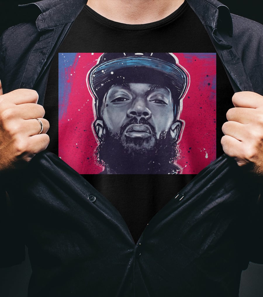 Nipsey Hussle Bold Street Style Portrait With Cap And Vibrant Red Blue T-Shirt