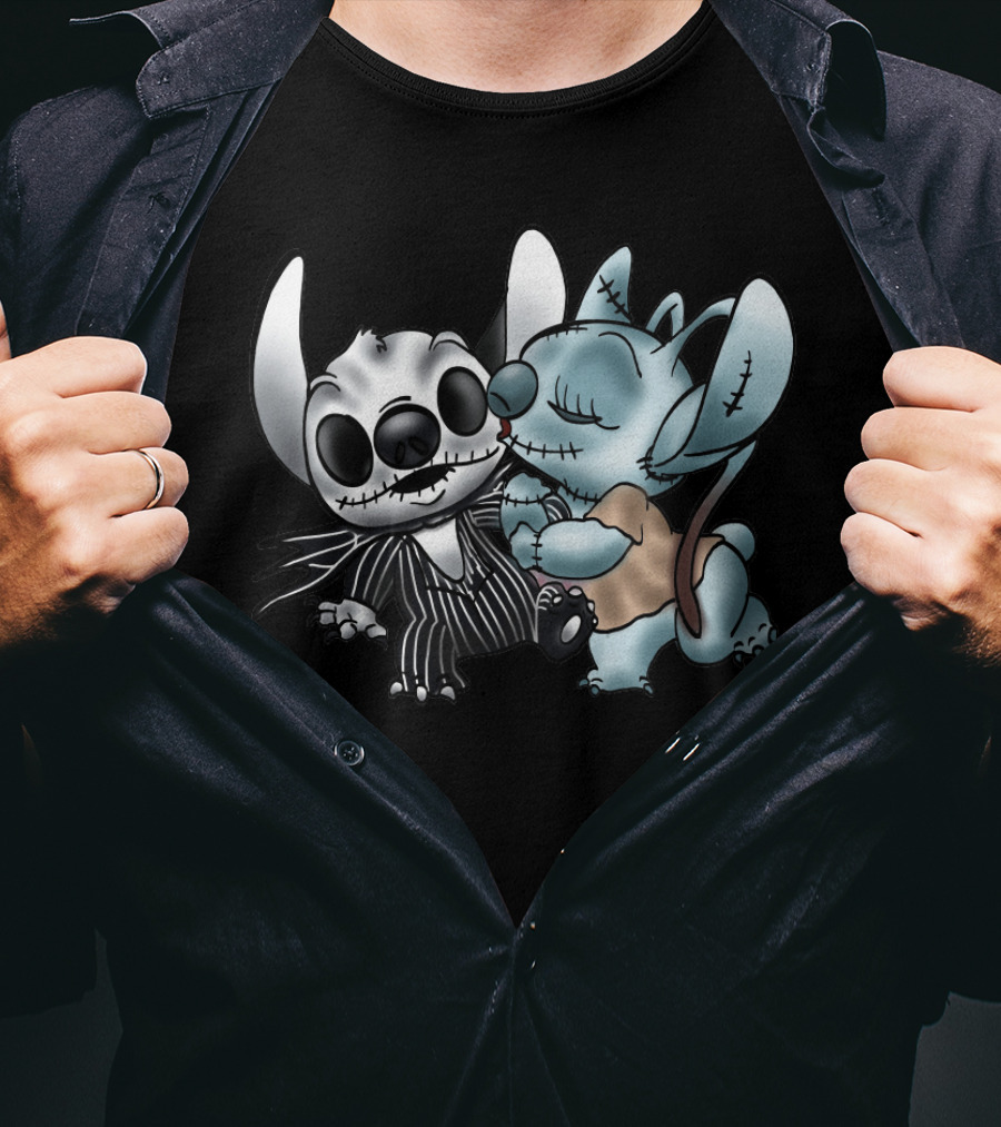 Stitch And Angel Nightmare Before Christmas Inspired Jack And Sally Characters T-Shirt
