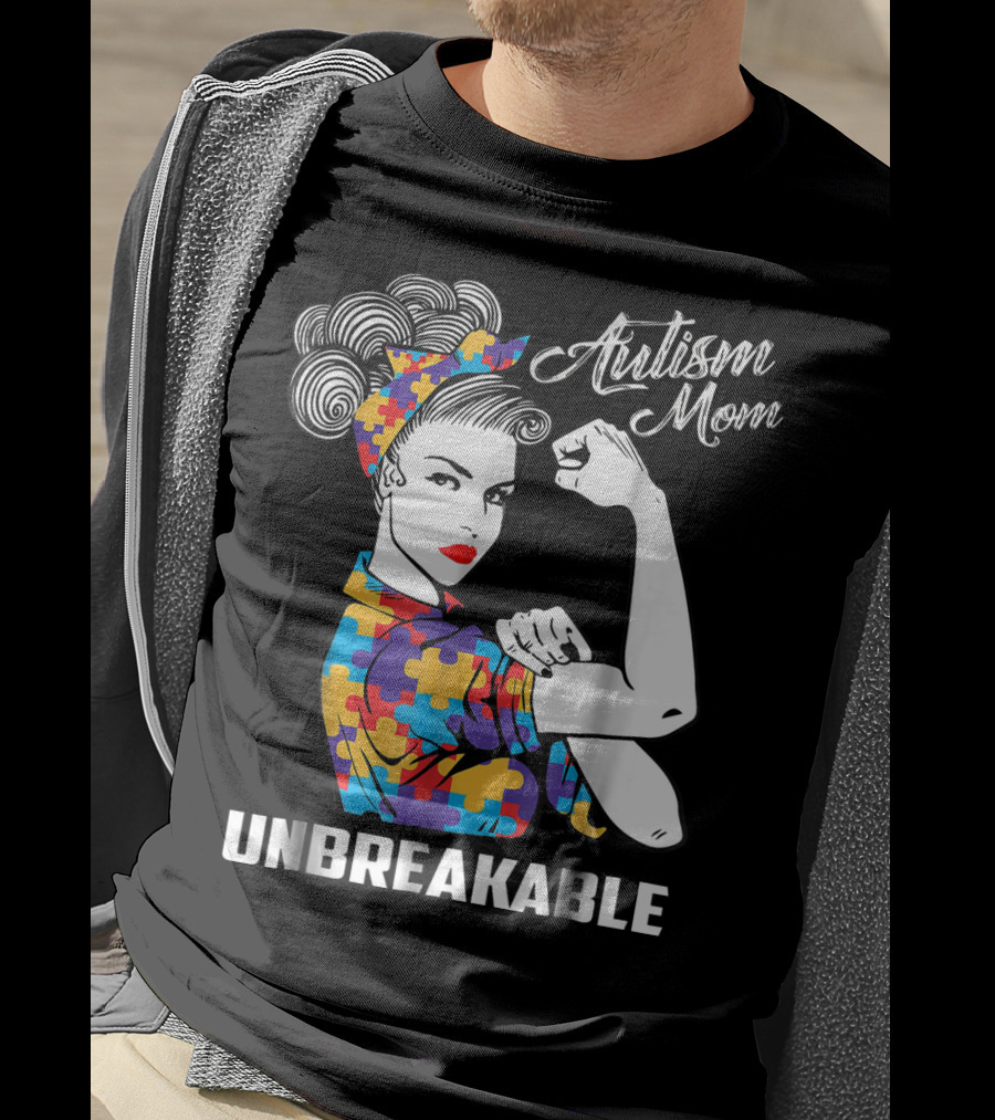 Unbreakable Autism Mom With Puzzle Pattern Retro Rosie The Riveter T-Shirt