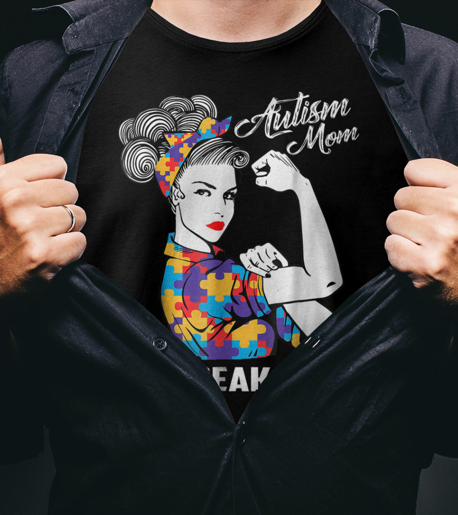 Unbreakable Autism Mom With Puzzle Pattern Retro Rosie The Riveter T-Shirt