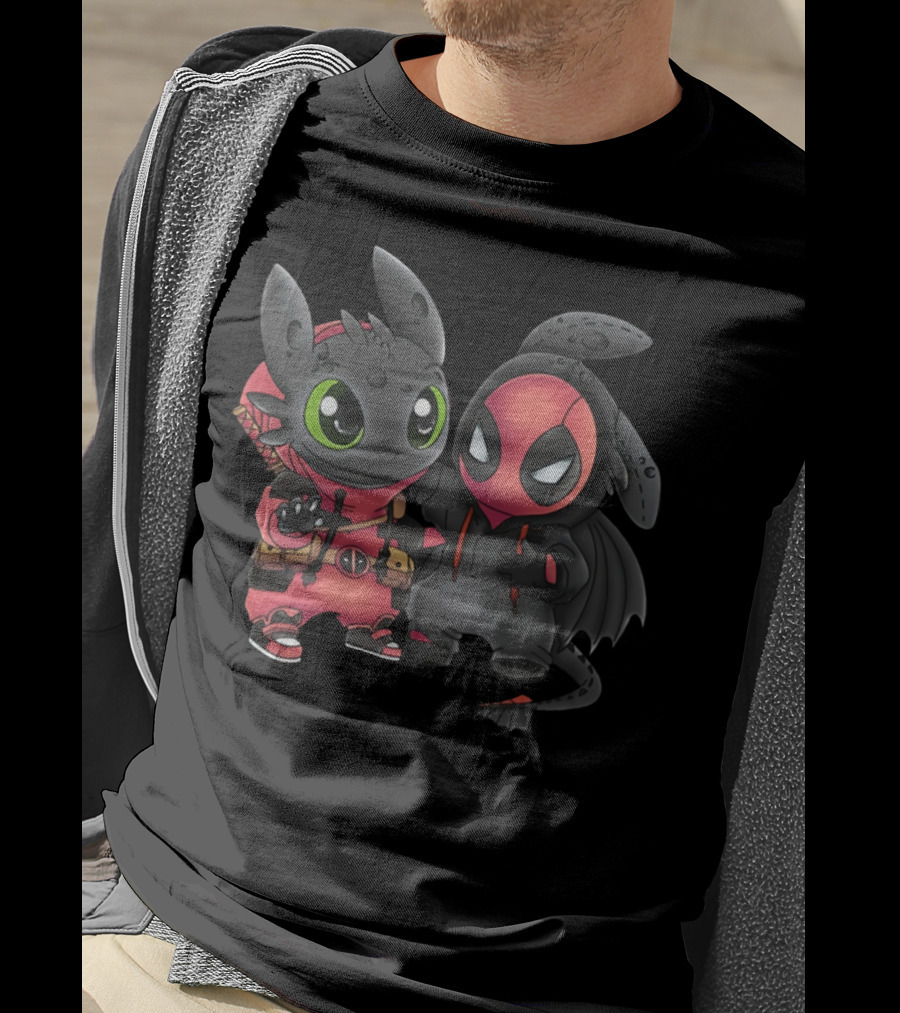 Baby Toothless And Deadpool Mashup Crossover Featuring Cute Duo With Iconic Red And Black Costume Elements T-Shirt