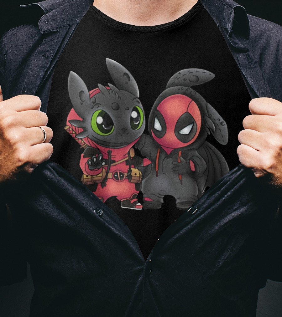 Baby Toothless And Deadpool Mashup Crossover Featuring Cute Duo With Iconic Red And Black Costume Elements T-Shirt