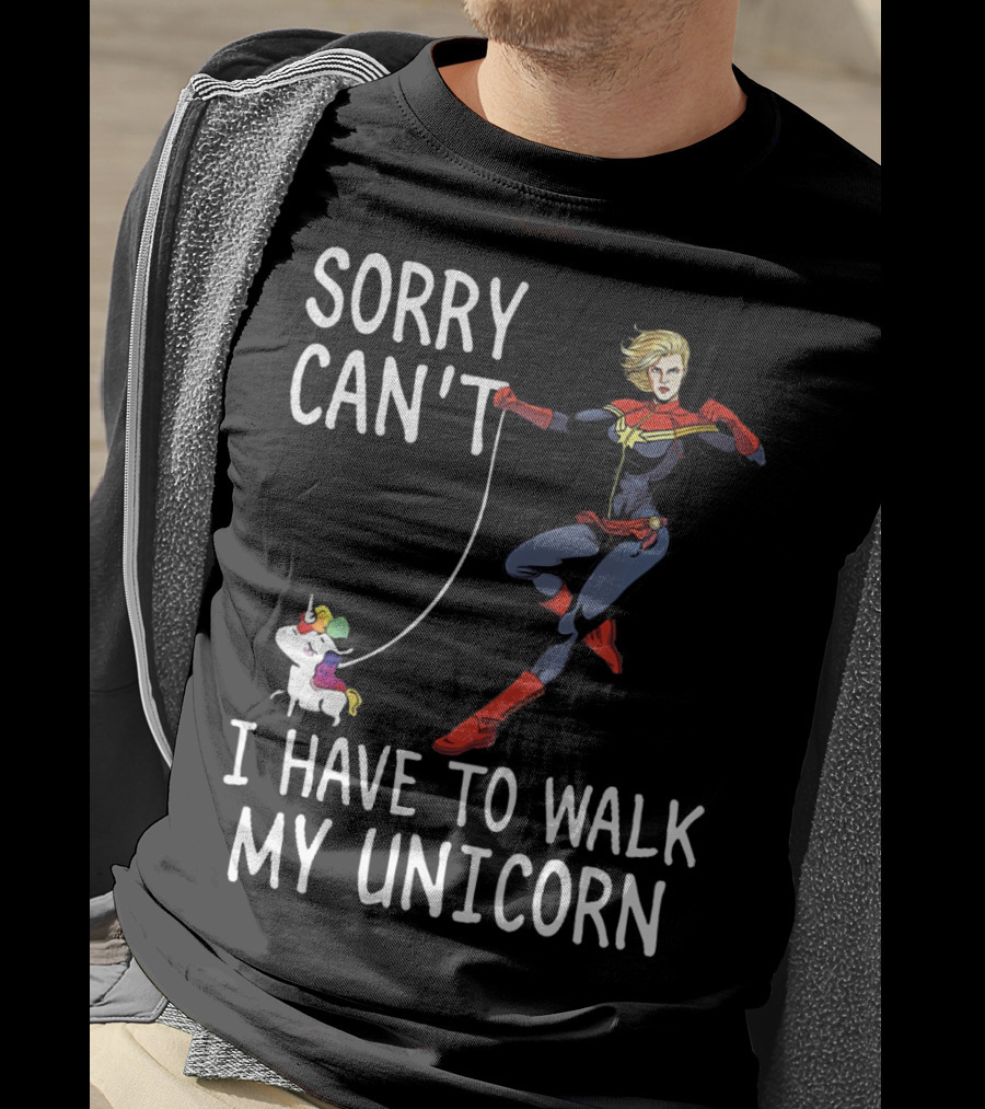 Captain Marvel Sorry Can't I Have To Walk My Unicorn T-Shirt