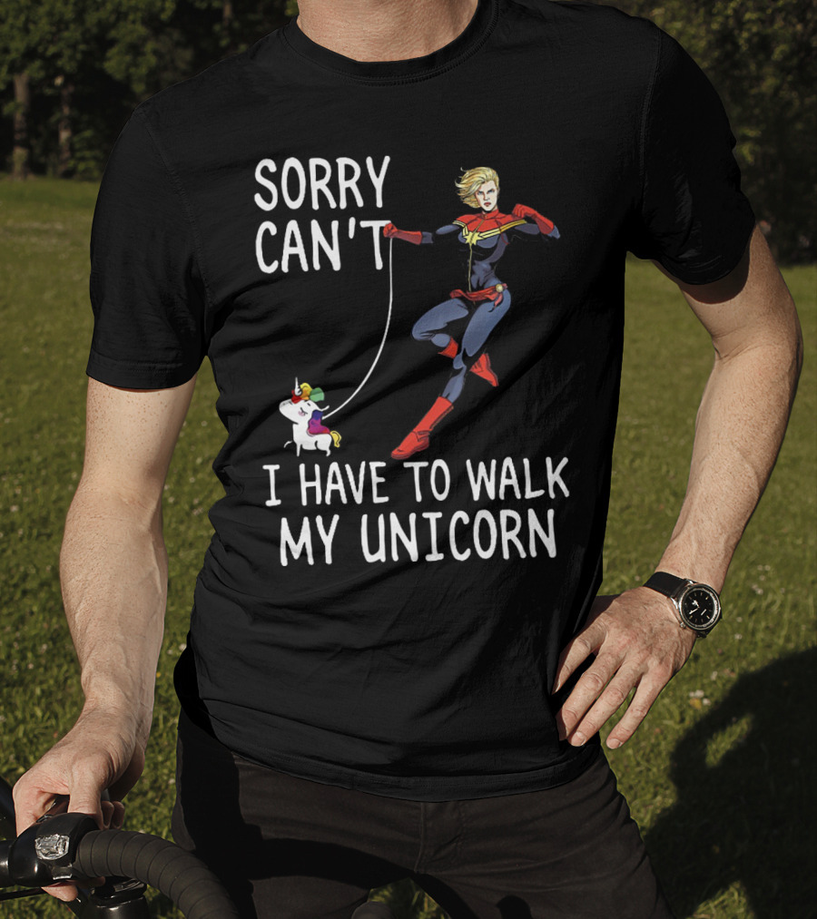 Captain Marvel Sorry Can't I Have To Walk My Unicorn T-Shirt