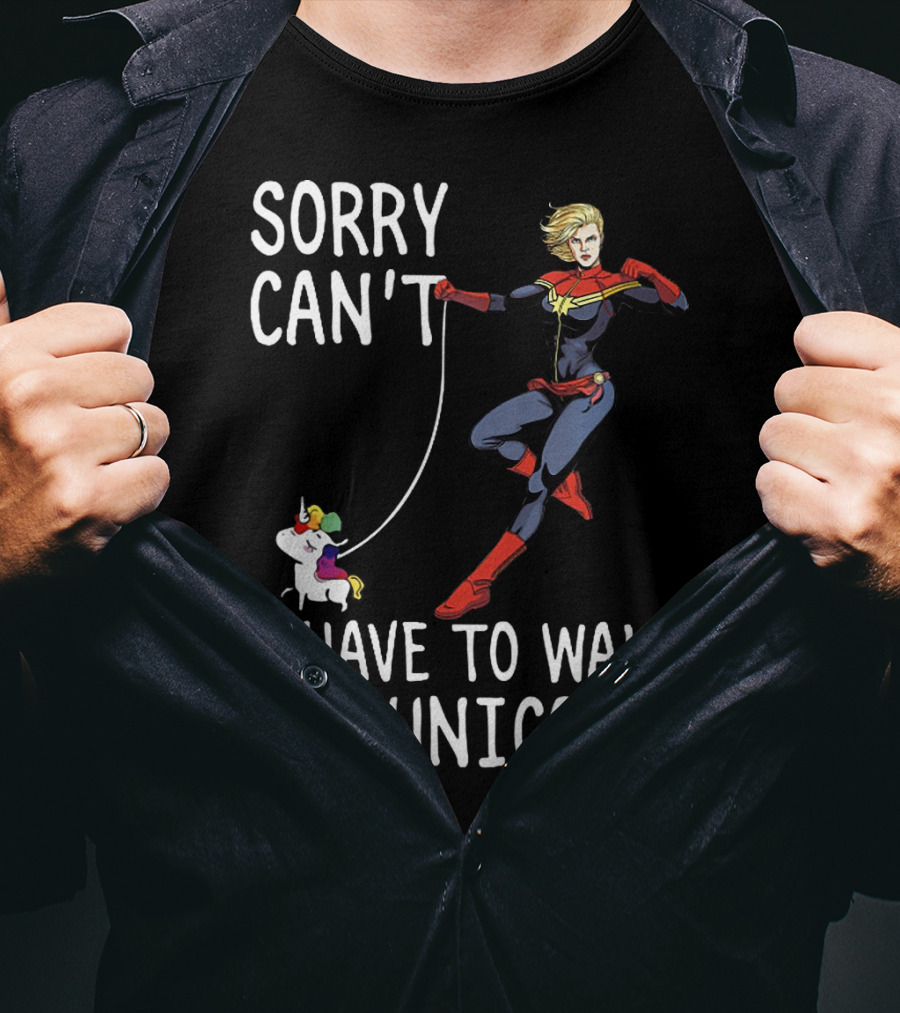 Captain Marvel Sorry Can't I Have To Walk My Unicorn T-Shirt