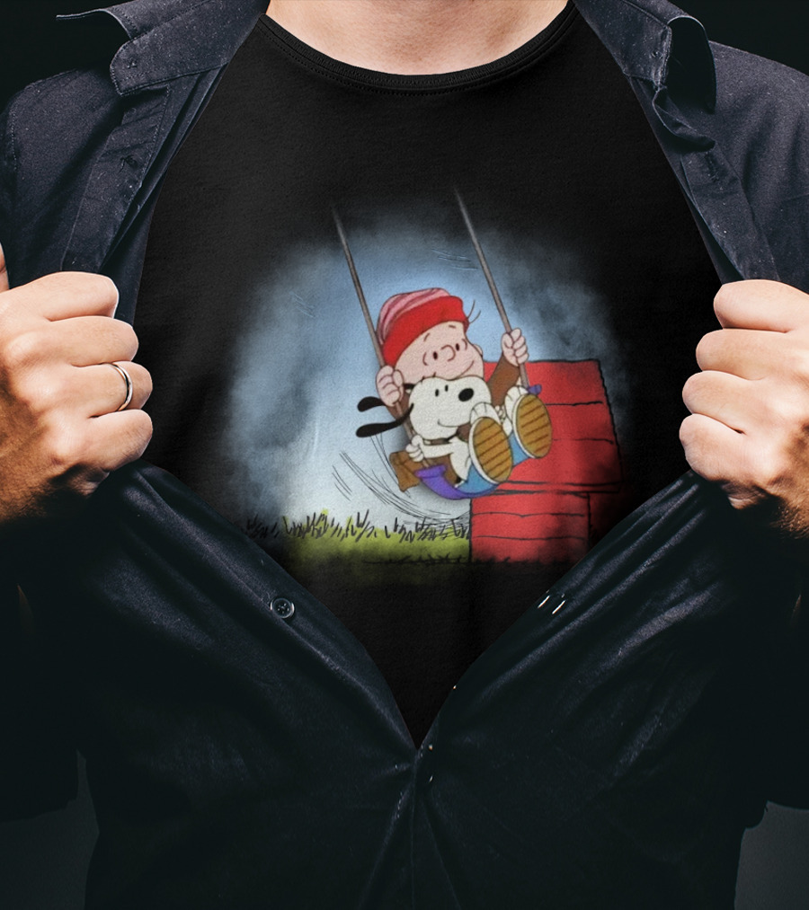 Charlie Brown And Snoopy Swinging On Doghouse T-Shirt