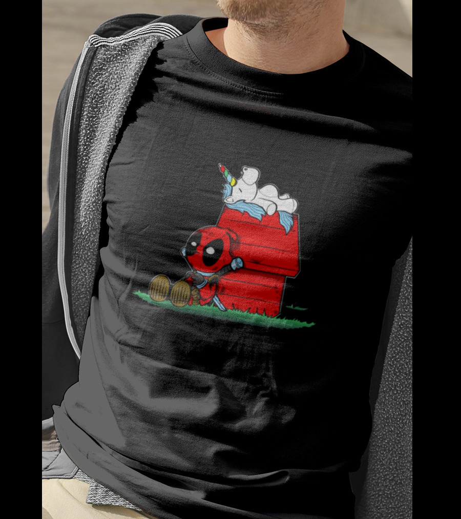 Deadpool And Snoopy Unicorn Crossover On Doghouse With Red And Black Accents T-Shirt