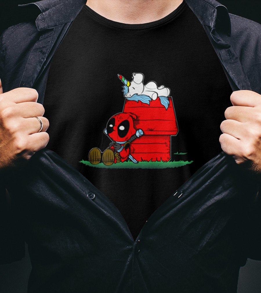 Deadpool And Snoopy Unicorn Crossover On Doghouse With Red And Black Accents T-Shirt