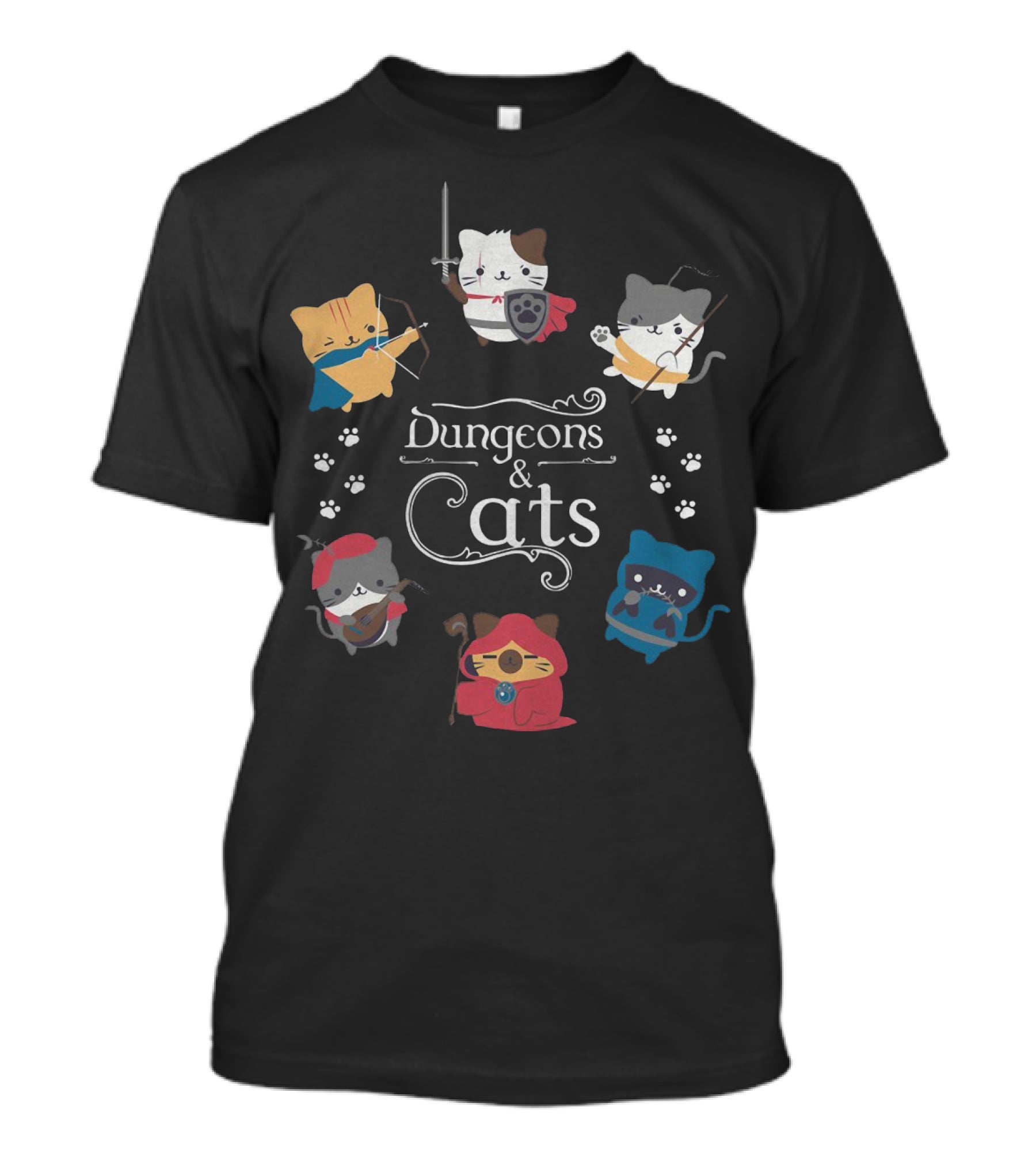 Dungeons And Cats Warrior Archer Mage Cats With Paw Prints Fantasy Adventure T-Shirt