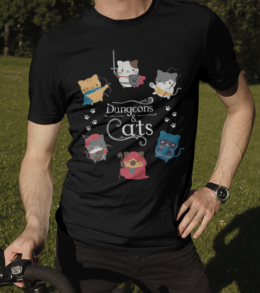 Dungeons And Cats Warrior Archer Mage Cats With Paw Prints Fantasy Adventure T-Shirt