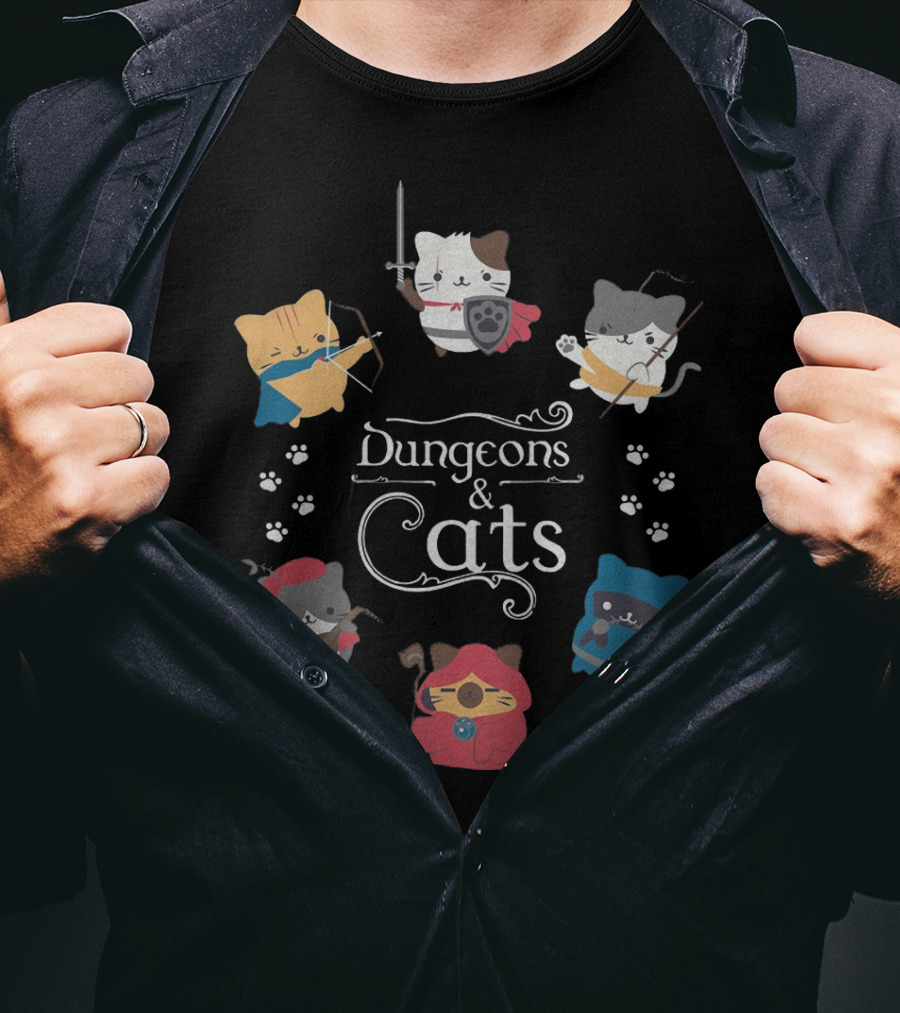 Dungeons And Cats Warrior Archer Mage Cats With Paw Prints Fantasy Adventure T-Shirt