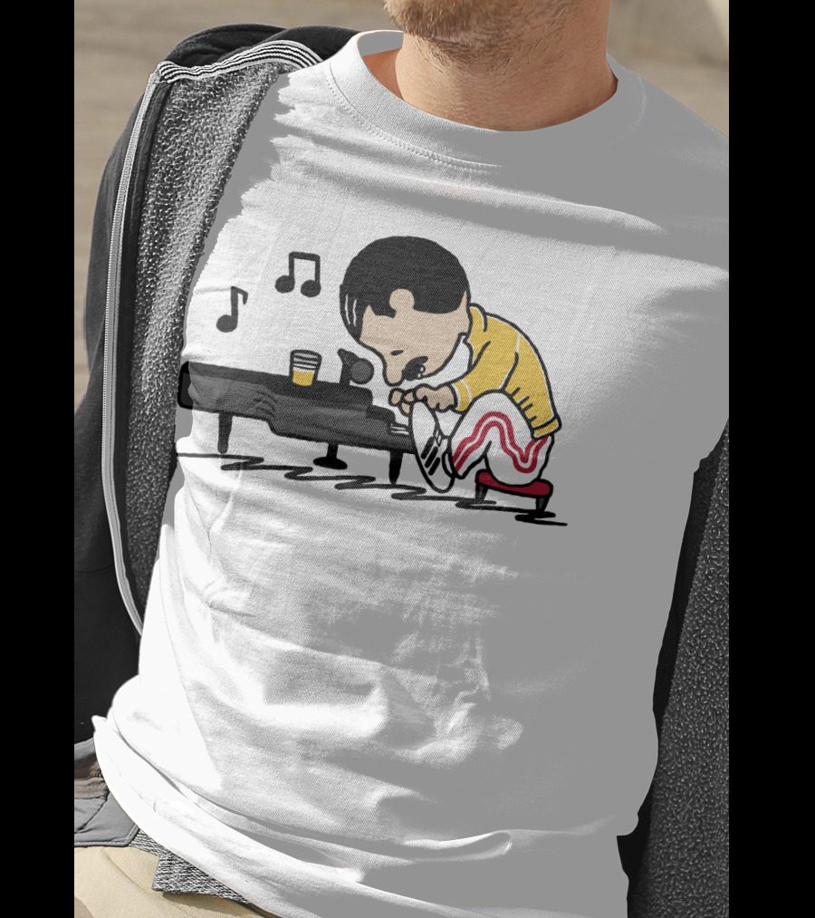 Freddie Mercury Peanuts Piano With Yellow Jacket And Red Stripe Pants T-Shirt