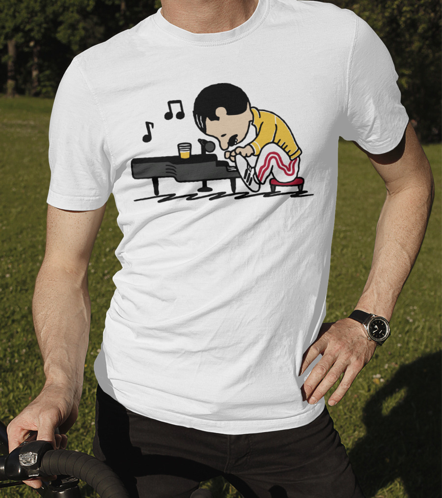 Freddie Mercury Peanuts Piano With Yellow Jacket And Red Stripe Pants T-Shirt