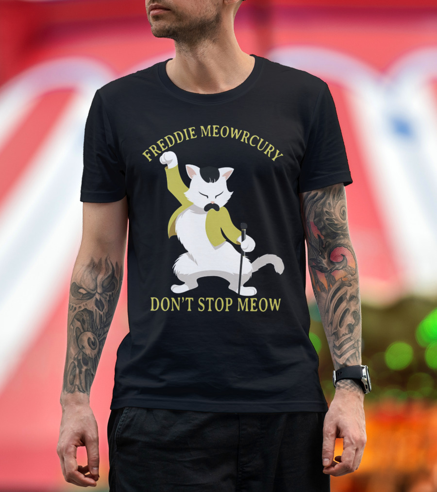 Freddie Meowrcury Don’t Stop Meow Funny Cat Parody with Iconic Pose and Yellow Jacket T-Shirt