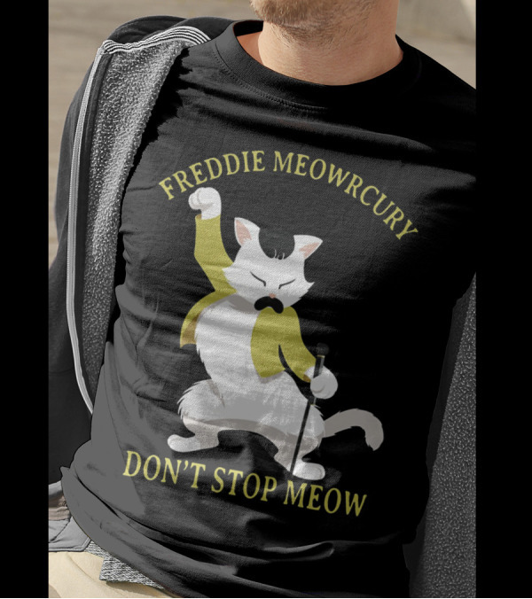 Freddie Meowrcury Don’t Stop Meow Funny Cat Parody With Iconic Pose And Yellow Jacket T-Shirt